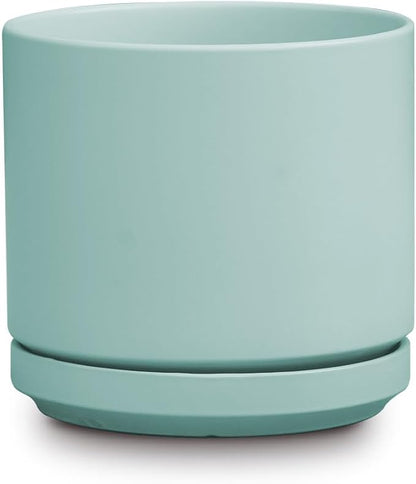 PLANTATOREM Ceramic 10 Inch Mid Modern Planter Pot with Drainage Hole and Saucer, Indoor Cylinder Round Flower Pot, Perfect for Planting Succulents, Herbs, Flowers, House Plants, Tea Green