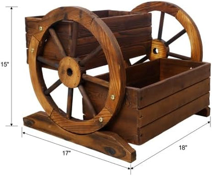 2-Tier Wooden Wagon Planter Box with Wheels – Farmhouse Rustic Garden Planter for Flowers, Herbs & Vegetables, Decorative Wooden Flower Cart for Patio, Garden & Balcony