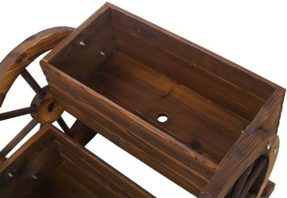 2-Tier Wooden Wagon Planter Box with Wheels – Farmhouse Rustic Garden Planter for Flowers, Herbs & Vegetables, Decorative Wooden Flower Cart for Patio, Garden & Balcony