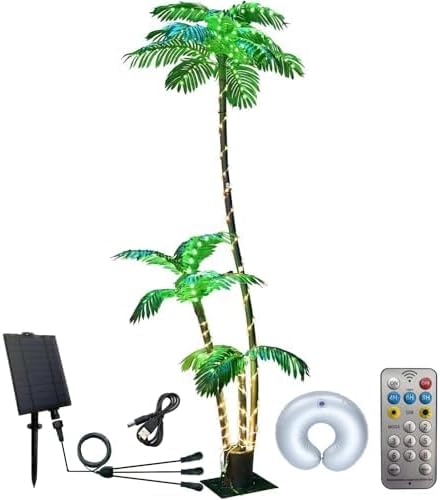 Solar Artificial Palm Tree Christmas Tree 7Ft 3Trunks 260LED Lighted Simulation Tropical Palm Tree Fake Plant Light for Patio Home Office Beach Yard Cruise Party Tiki Bar Decorations