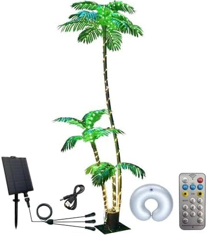 Solar Artificial Palm Tree Christmas Tree 7Ft 3Trunks 260LED Lighted Simulation Tropical Palm Tree Fake Plant Light for Patio Home Office Beach Yard Cruise Party Tiki Bar Decorations