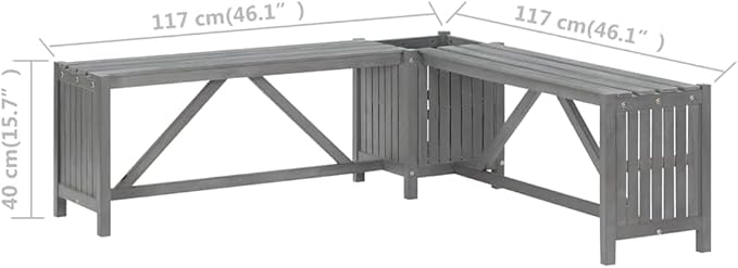 vidaXL Garden Corner Bench with Planter 46.1In Solid Acacia Wood Grey Outdoor Seating for 2 People Stylish and Durable Design Weather Resistant Rustic Furniture Wooden Patio