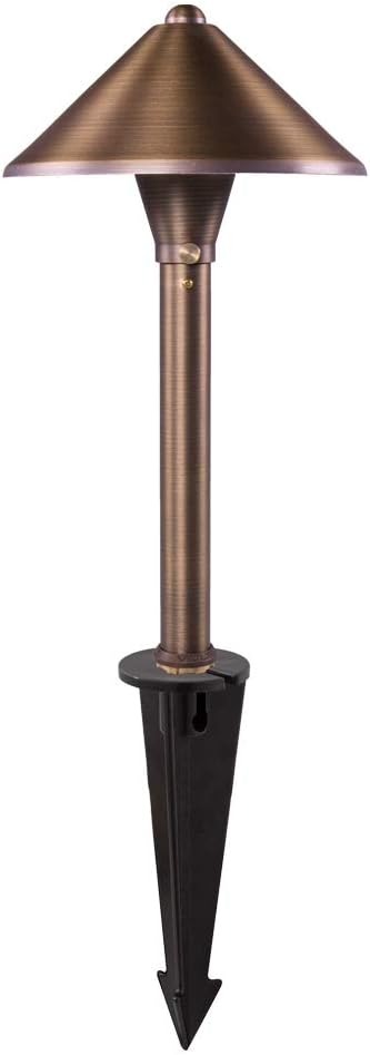 VOLT Conehead 12V Brass Mini Path Light (7" Shade, 15" Tall) for Low Voltage Landscape Lighting on Outdoor Pathway, Walkway, Garden, Driveway or Patio