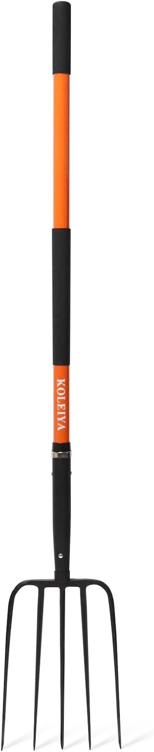 5-Tine Pitchfork for Gardening, 57-Inch Heavy Duty Garden Fork with Orange Fiberglass Handle for Compost, Mulch and Manure