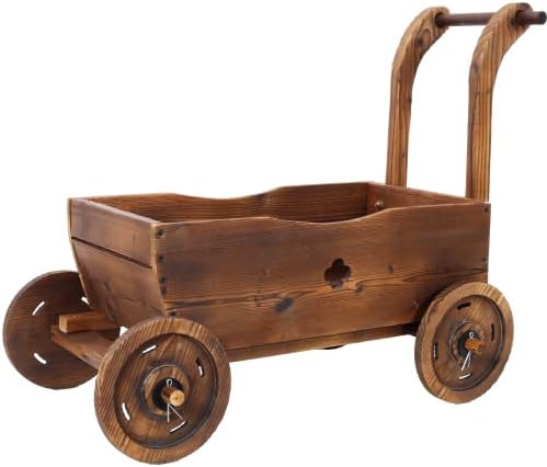 Wooden Wagon Planter Box with Wheels & Handle – Mobile Flower Cart Planter with Drainage Holes, Rustic Wooden Garden Planter for Patio, Garden, Balcony & Indoor Decor