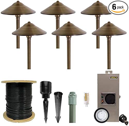 VOLT 12V Brass Max Spread LED Path Light 6-Pack Kit (Bronze) with 150W Low Voltage Transformer for Landscape Lighting on Outdoor Pathway, Walkway, Garden, Driveway or Patio