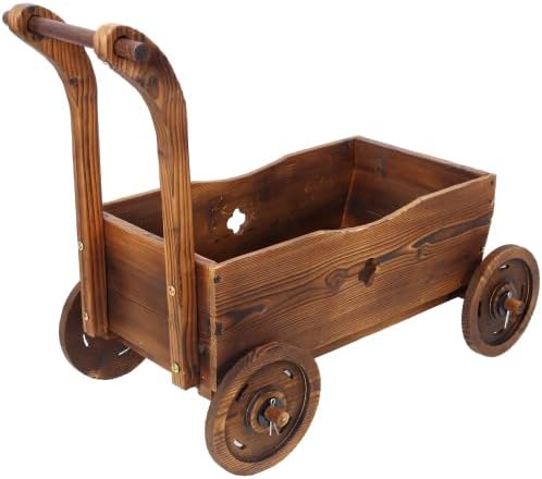Wooden Wagon Planter Box with Wheels & Handle – Mobile Flower Cart Planter with Drainage Holes, Rustic Wooden Garden Planter for Patio, Garden, Balcony & Indoor Decor