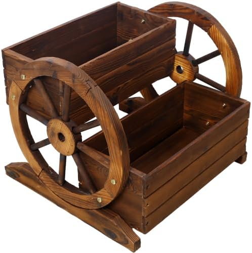 2-Tier Wooden Wagon Planter Box with Wheels – Farmhouse Rustic Garden Planter for Flowers, Herbs & Vegetables, Decorative Wooden Flower Cart for Patio, Garden & Balcony