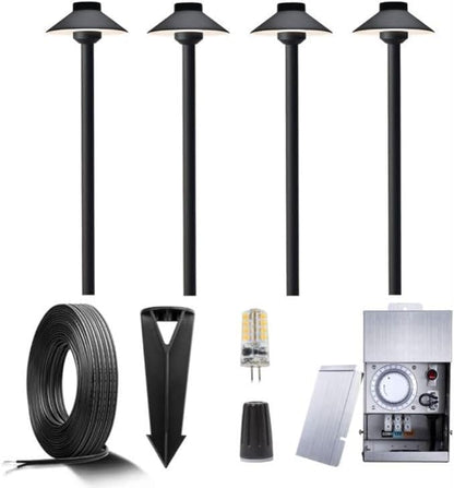 Gardenreet 12V Brass Landscape Black Path Lighting Kit (4 Pack Path Lights) with 75W Low Voltage Transformer and 100 Feet Cable and 20Pack Wire Connectors for Outdoor House Garden Patio Walkway