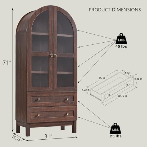 71" Tall Arched Bookshelf, 4-Tier Bookcase with Glass Doors and Shelves, Wooden Display Cabinet w/2 Large Storage Drawers, Modern Farmhouse Versatile Bookshelf for Living Room, Bedroom, Brown