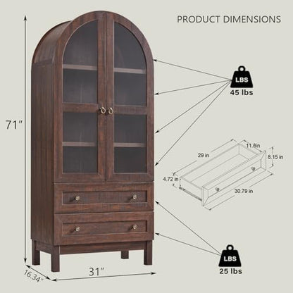 71" Tall Arched Bookshelf, 4-Tier Bookcase with Glass Doors and Shelves, Wooden Display Cabinet w/2 Large Storage Drawers, Modern Farmhouse Versatile Bookshelf for Living Room, Bedroom, Brown