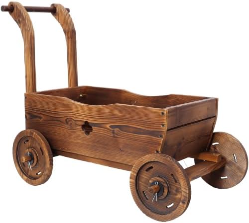 Wooden Wagon Planter Box with Wheels & Handle – Mobile Flower Cart Planter with Drainage Holes, Rustic Wooden Garden Planter for Patio, Garden, Balcony & Indoor Decor