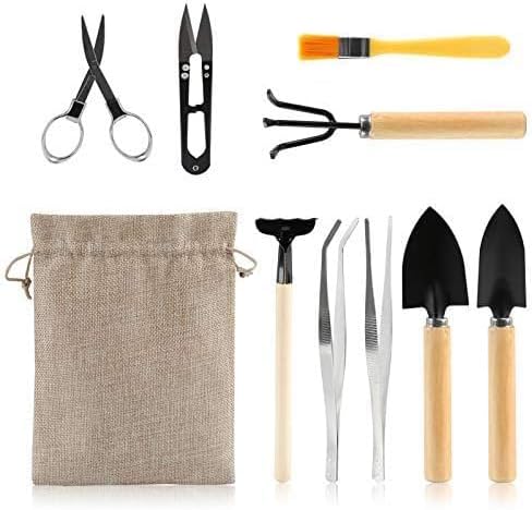 9PCS Basic Bonsai Tools Set, Bonsai Tree Kit Mini Garden Tools Includes Pruning Shears, Mini Rake, Fold Scissors and More