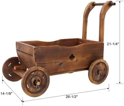 Wooden Wagon Planter Box with Wheels & Handle – Mobile Flower Cart Planter with Drainage Holes, Rustic Wooden Garden Planter for Patio, Garden, Balcony & Indoor Decor