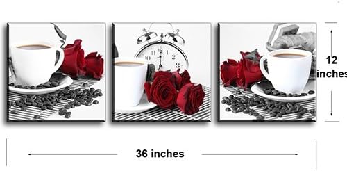 Rose Wall Art for Kitchen/Dining Room, SZ 3 Piece Romantic Canvas Prints of Red Roses and Coffee Beans, Still Life Painting Picture (Waterproof Artwork, 1" Thick Frame, Bracket Mounted Ready to Hang)
