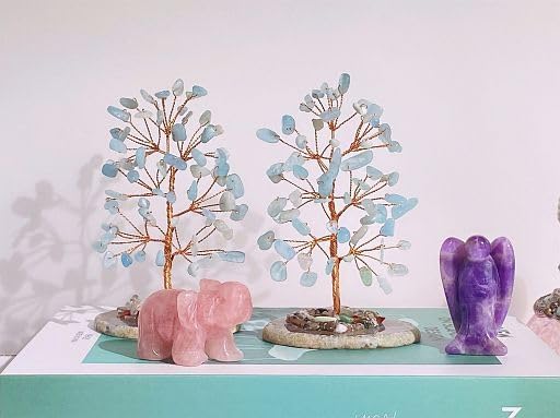 YATOJUZI Aquamarine Crystal Trees Natural Crystals Stones Gemstones Tree Copper Wire Agate Base Tree Of Life Feng Shui Decor Reiki Energy Lucky For Meditation Room Desk Home Decors Gifts For Women Men