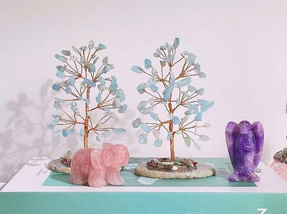 YATOJUZI Aquamarine Crystal Trees Natural Crystals Stones Gemstones Tree Copper Wire Agate Base Tree Of Life Feng Shui Decor Reiki Energy Lucky For Meditation Room Desk Home Decors Gifts For Women Men