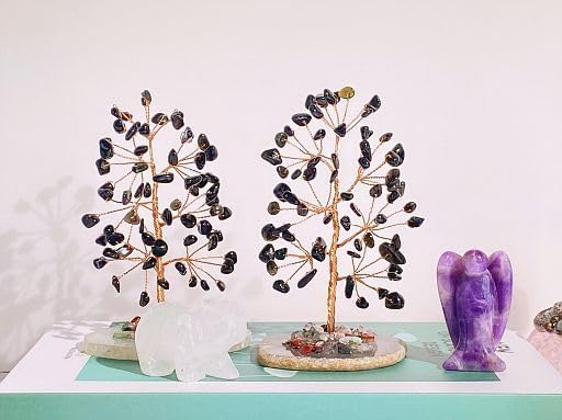 YATOJUZI Black Obsidian Crystal Trees Natural Crystals Stones Gemstones Tree Copper Wire Agate Base Tree of Life Feng Shui Decor Reiki Energy Lucky for Room Desk Home Decors Gifts for Women Men