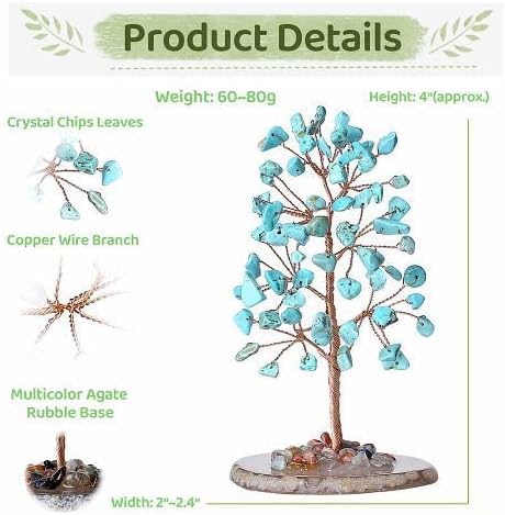 YATOJUZI Green Turquoise Crystal Trees Natural Crystals Stones Gemstones Tree Copper Wire Agate Base Tree of Life Feng Shui Decor Reiki Energy Lucky for Room Desk Home Decors Gifts for Women Men