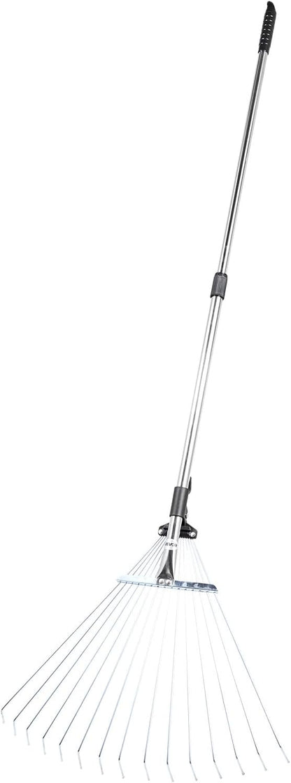 VEVOR Leaf Rake, 15 Metal Tines, Adjustable Garden Rake for Lawns with 7.5-22.4 Inch Wide Head & 32-63 Inch Long Handle, Heavy Duty Stainless Steel Small Leaves Tool for Gardening Camping Yard Grass