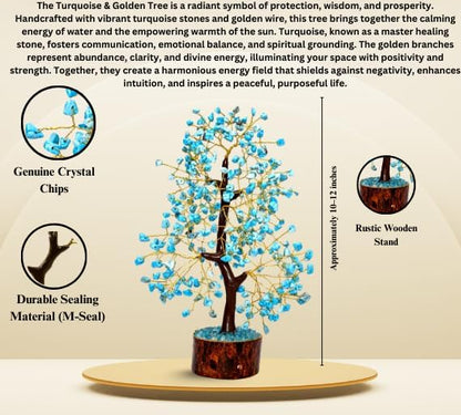 Turquoise Crystal Tree with Golden Wire – Handcrafted Gemstone Bonsai for Home Decor, Healing & Positive Energy