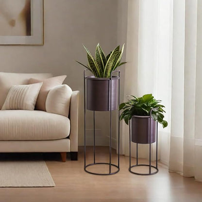 TRIROCKS Set of 2 Planters with Stand Large Metal Planter for Indoor Plants 28 &18" H Plant Pots for Living Room Corner Kitchen Office Garden Balcony Patio Decor(Brown)