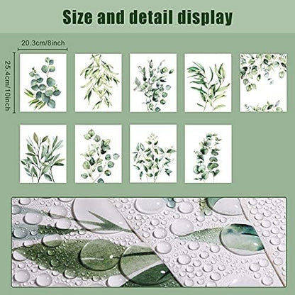 Zonon 9 Pcs Botanical Plant Wall Prints Eucalyptus Wall Decor, 10" x 8" Boho Sage Green Leaves Decoration Posters, Unframed Minimalist Watercolor Art Prints for Bathroom Living Bedroom Kitchen