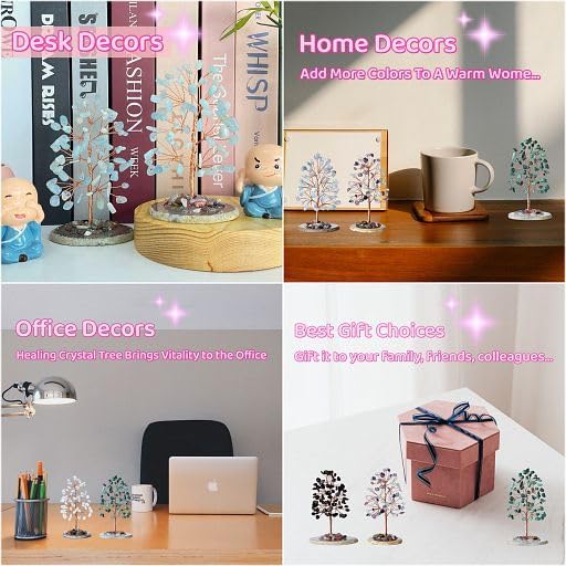 YATOJUZI Aquamarine Crystal Trees Natural Crystals Stones Gemstones Tree Copper Wire Agate Base Tree Of Life Feng Shui Decor Reiki Energy Lucky For Meditation Room Desk Home Decors Gifts For Women Men