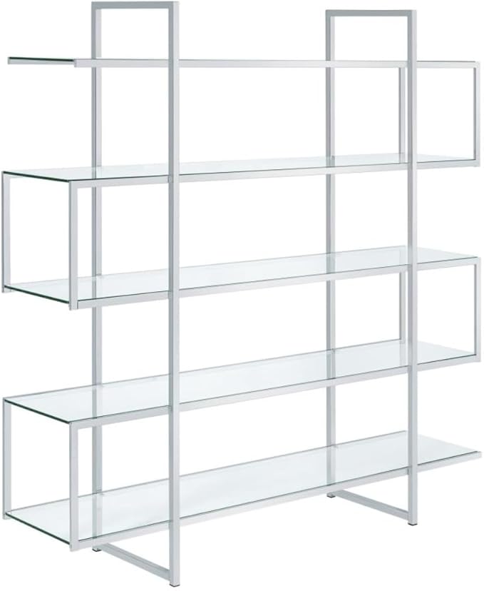 CARTESIAN Stellar Modern Glass Bookshelf, 5-Tier Open Display Case, 59" Wide x 63" High, Chrome Frame with Clear Tempered Glass Shelves