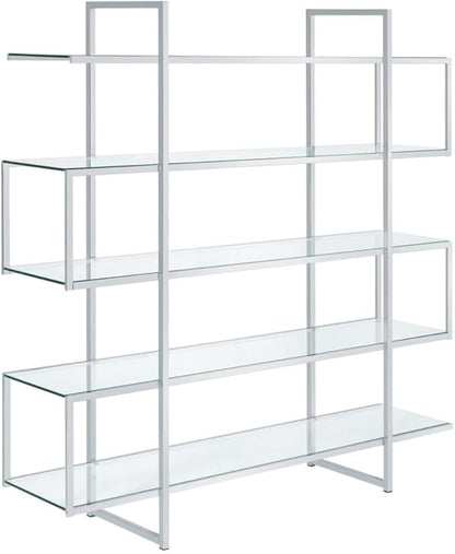 CARTESIAN Stellar Modern Glass Bookshelf, 5-Tier Open Display Case, 59" Wide x 63" High, Chrome Frame with Clear Tempered Glass Shelves