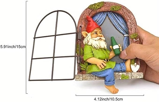 Garden Gnome Window Statue for Trees and Wall, Drinking Dwarf Fairy Garden Miniature Accessories, Patio Art Sculpture