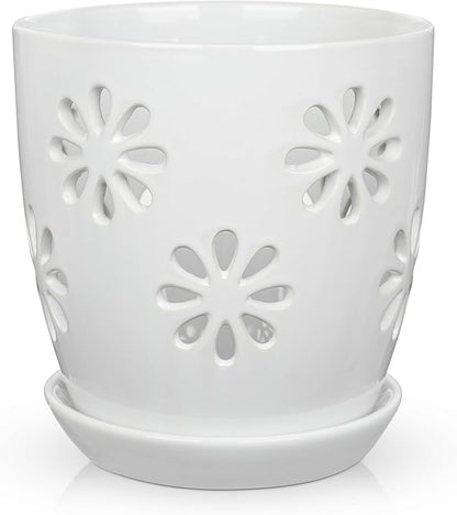Oairse 6 inch Orchid Pots with Holes, White Ceramic Orchid Pot for Repotting Small Indoor Plant Pots with Drainage Holes and Saucers Decorative Flower Planter for Orchids, Indoor Plant