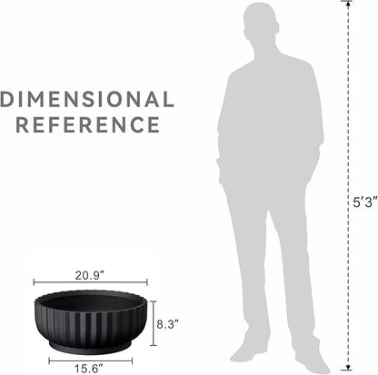 Kante Round Fulted Bowl Planter, 20.9 Inch Dia Large Concrete Flower Pots with Drainage Hole and Rubber Plug, Suitable for for Indoor Outdoor Plants, Home, Patio, Garden, Black