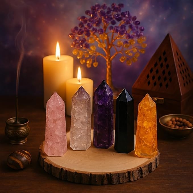 Healing Crystal Wand Set of 6 Orgonite 3.5 Inch Gemstone Towers – Amethyst, Rose Quartz, Citrine, Clear Quartz, Tiger Eye, Black Tourmaline Necklace ChristmasGift Set