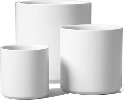 LE TAUCI Ceramic Pots for Plants, 10+8+6 Inch Indoor Plant Pots, Modern Planters for Indoor Plants Home Office, Cylinder Round Planters with Drainage Hole and Plug, Set of 3, White