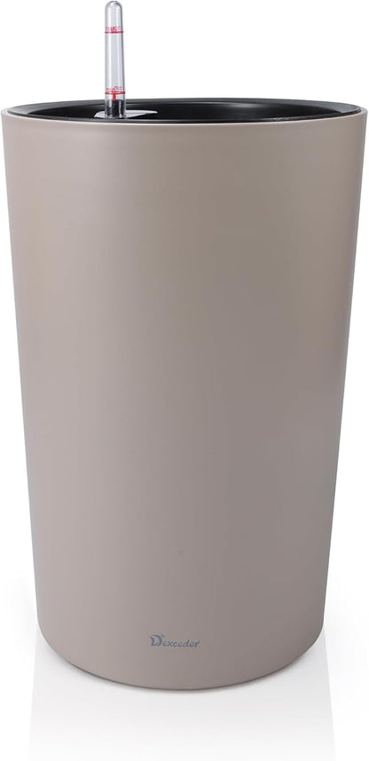 Dexceder 16x12 Tall Self Watering Planter High Cylinder Indoor Outdoor, Thickened Large Floor Standing Flower Plant Pot with Water Level Indicator (Taupe Matte)