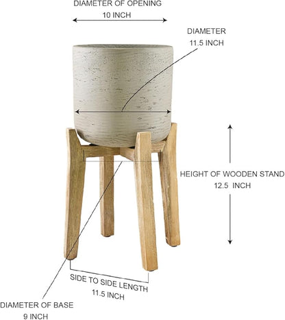 Serene Spaces Living Minimalist Cement Planter with Wooden Legs – Sleek Planter for Succulents, Cacti, Indoor Greenery, Versatile, Durable Plant Pot for Home or Office, 11.5" Diameter & 20.5" Tall