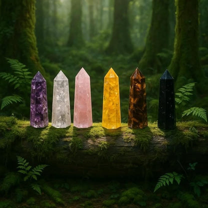Healing Crystal Wand Set of 6 Orgonite 3.5 Inch Gemstone Towers – Amethyst, Rose Quartz, Citrine, Clear Quartz, Tiger Eye, Black Tourmaline Necklace ChristmasGift Set