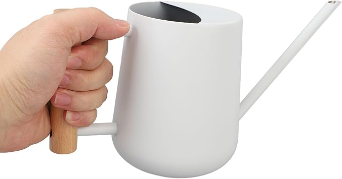 1L/33.8oz Wood Handle Long Spout Watering Can Stainless Steel Plant Watering Pot Garden Green Plant Flower Watering Kettle for Indoor Outdoor Plants Garden Flower (White)