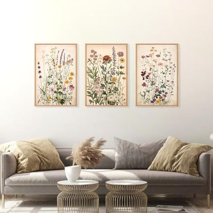 Vintage Wildflower Watercolor Framed Canvas Wall Art Set, Retro Flower Botanical Wall Decor, Colorful Floral Wall Painting, Flower Illustration Art Prints for Living Room, Bedroom 24"x36"x3