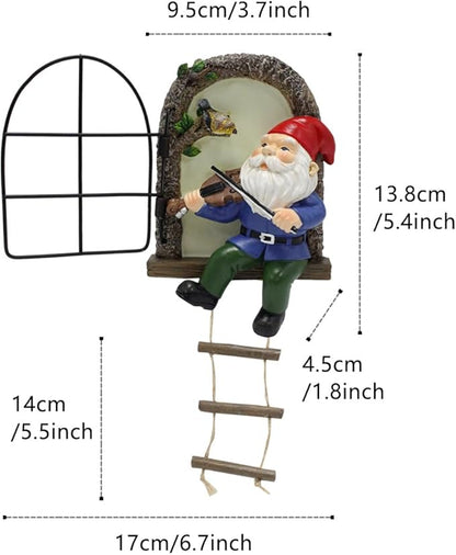 Garden Gnome Window Statue for Trees and Wall, Dwarf Playing Violin Luminous Fairy Garden Miniature Accessories, Glow in The Dark Art Sculpture