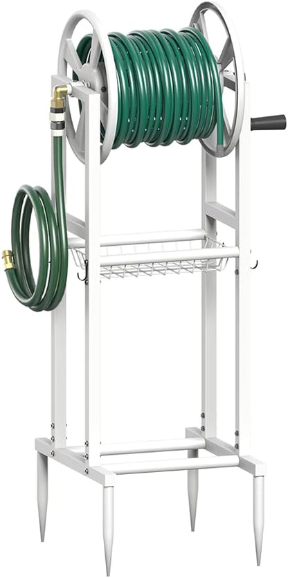 Freestanding Garden Hose Reel holds 125ft Hose of 5/8" with 4 Hooks, 4-Spike Outdoor Hose Holder with 3.9ft Leader Hose & Brass Fitting, Detachable Metal Hose Stand with Storage Rack, White