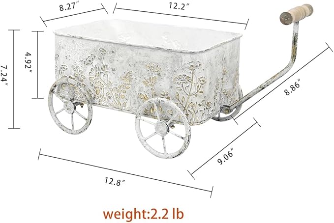 Flower Cart with Wooden Handles, Metal Wagon Planters for Outdoor Plants, Garden Planter with Wagon Wheels, Decorative Wheelbarrow, Plant Cart for Patio Garden Balcony (White)
