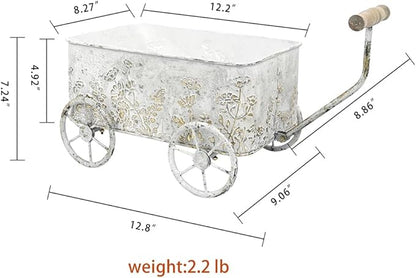 Flower Cart with Wooden Handles, Metal Wagon Planters for Outdoor Plants, Garden Planter with Wagon Wheels, Decorative Wheelbarrow, Plant Cart for Patio Garden Balcony (White)