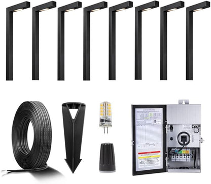 Gardenreet Black Brass Low Voltage Pathway Lights Kit(8 Pack) 12V LED with 150W Low Voltage Transformer and Mechanical Timer and 100FT Wire and 40Pack Connectors for Outdoor House Garden Sideway