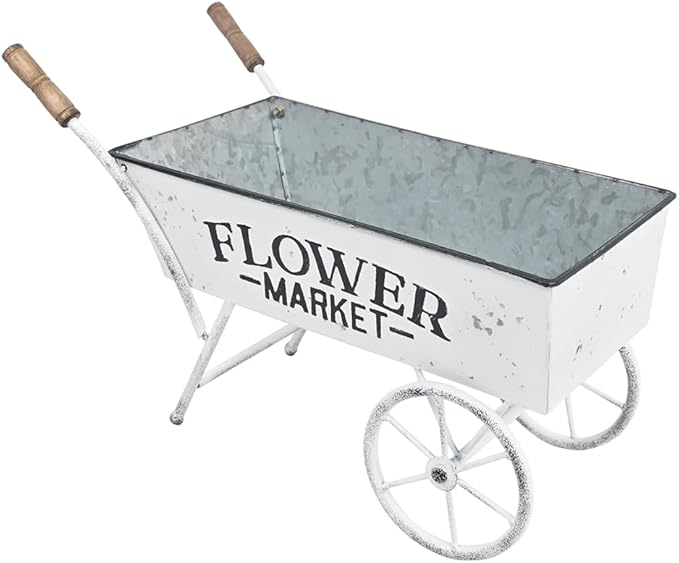 15 Inch Farmhouse Small Flower Cart with Wooden Handles Metal Wagon Planters for Outdoor Plants Decorative Wheelbarrow Plant Cart for Patio Garden Balcony White