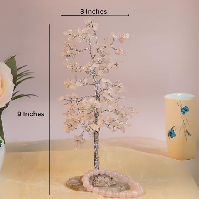Rose Quartz Crystal Tree with Bracelet for Home Decor, Healing, Spiritual Gifting, Room Decor, New Year & Good Luck Gifting | Made from Genuine Crystal Stones (9 x 3 Inches)