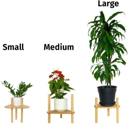 Adjustable Plant Stand for Indoor Pots – Bamboo Wood, Height & Width Adjustable (No Tools Needed), Fits Small & Large Pots Sizes 3 to 12 inches (Not Included), Mid-Century Modern Style