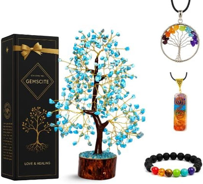 Turquoise Crystal Tree with Golden Wire – Handcrafted Gemstone Bonsai for Home Decor, Healing & Positive Energy