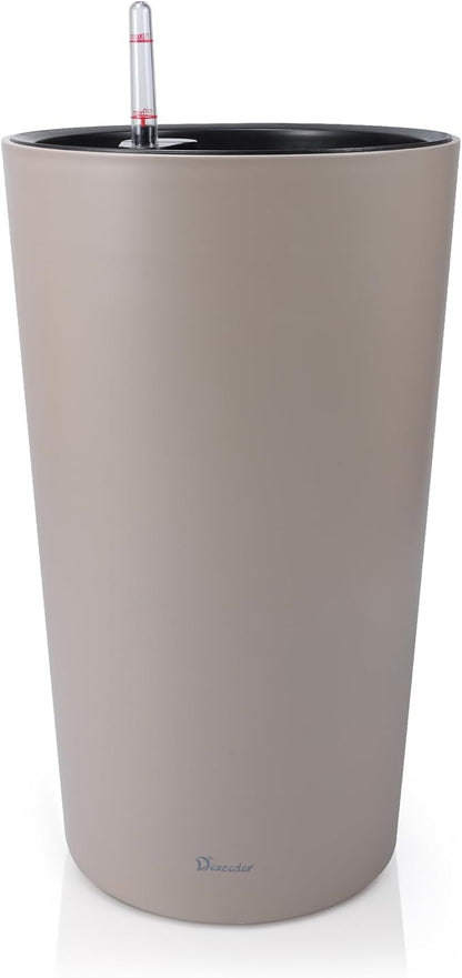 Dexceder 22x13 Tall Self Watering Planter High Cylinder Indoor Outdoor, Thickened Large Floor Standing Flower Plant Pot with Water Level Indicator (Taupe Matte)